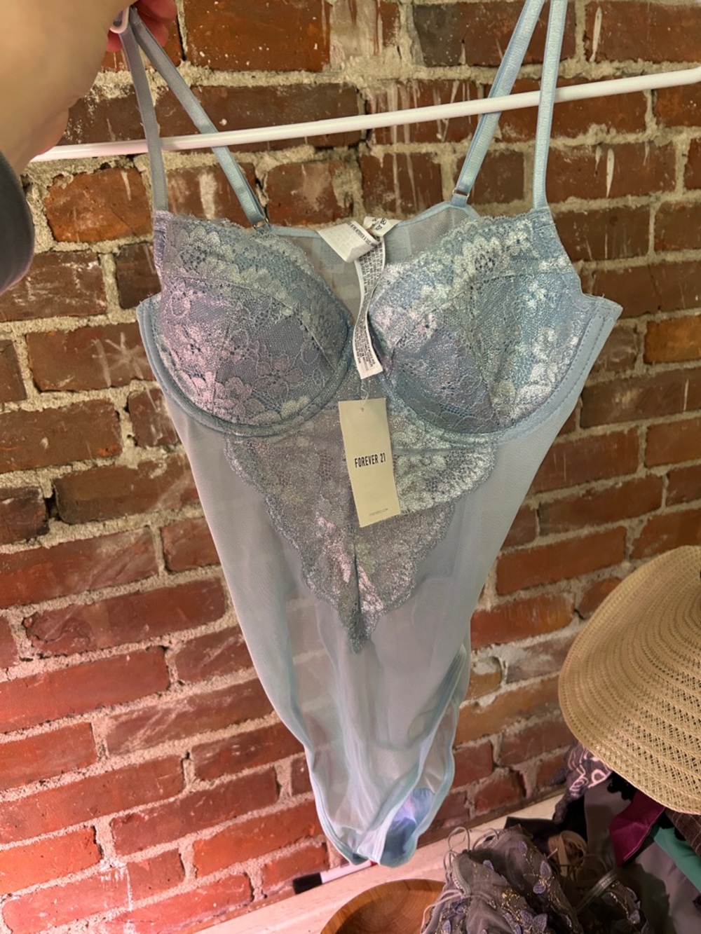 Forever 21 Pale Blue Lace Chemise Bodysuit
